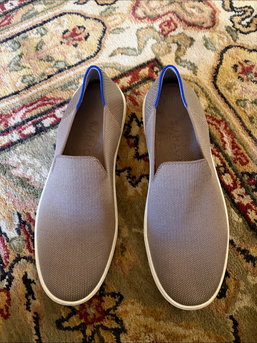 Rothy's Women’s Taupe Knit Slip-On Loafers with Blue Trim